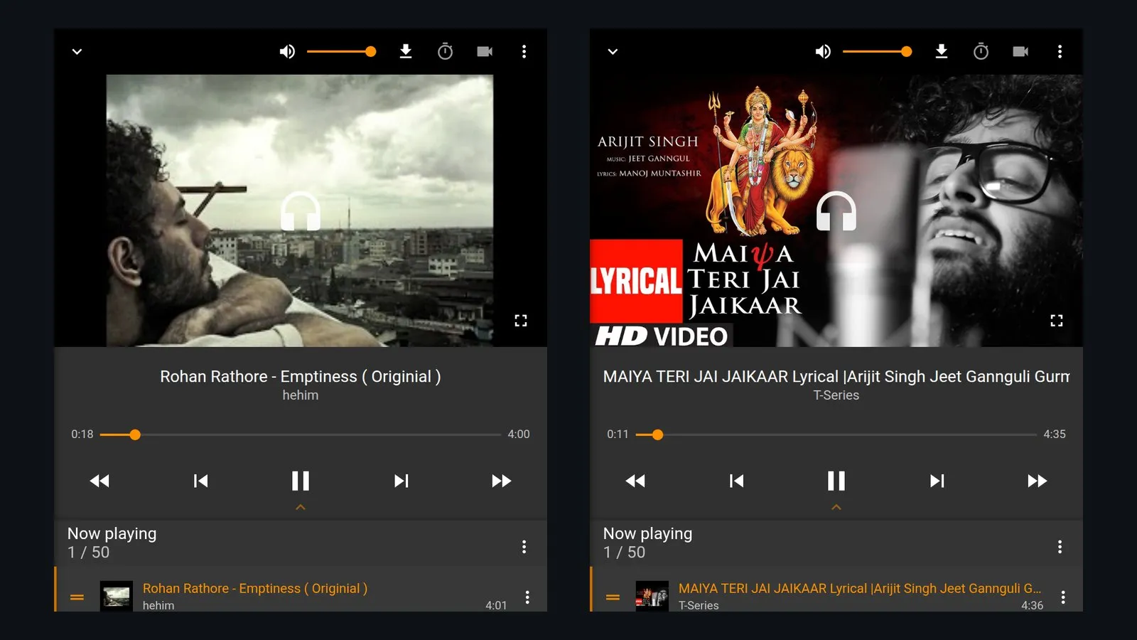 Two Now Playing screens side by side, each with the video thumbnail, song title, progress bar and controls.