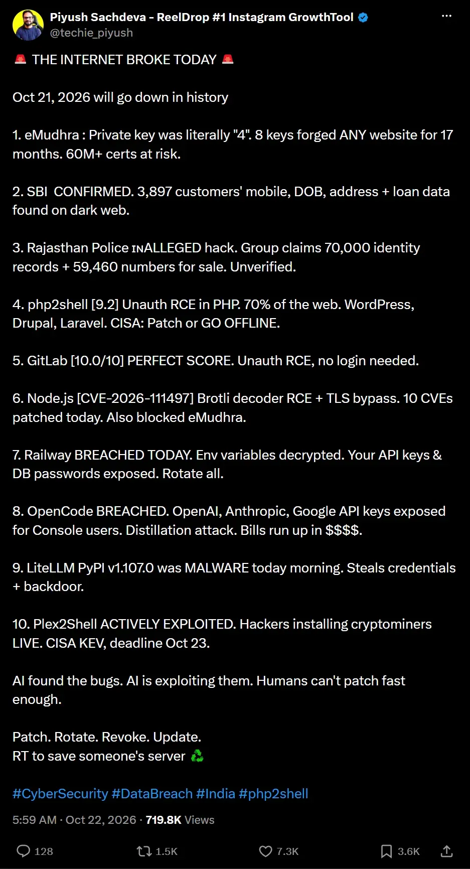 Screenshot of the original post by @techie_piyush, "THE INTERNET BROKE TODAY", listing ten security incidents.