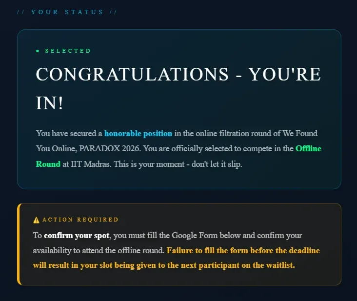 Selection screen for the offline round of We Found You Online, Paradox 2026