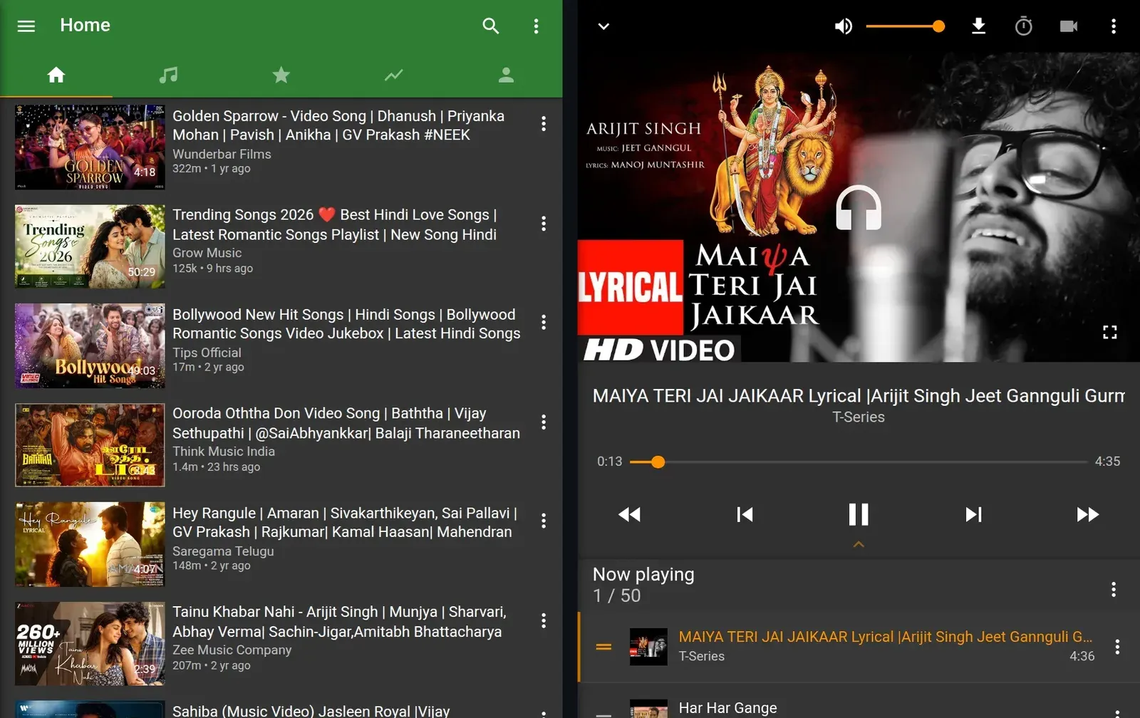 Two screens side by side. On the left the home screen: a green toolbar with five tabs, then a list of song videos with thumbnails, titles and channel names. On the right the Now Playing screen: the video thumbnail, the song title, a progress bar, playback controls and a queue of related songs.